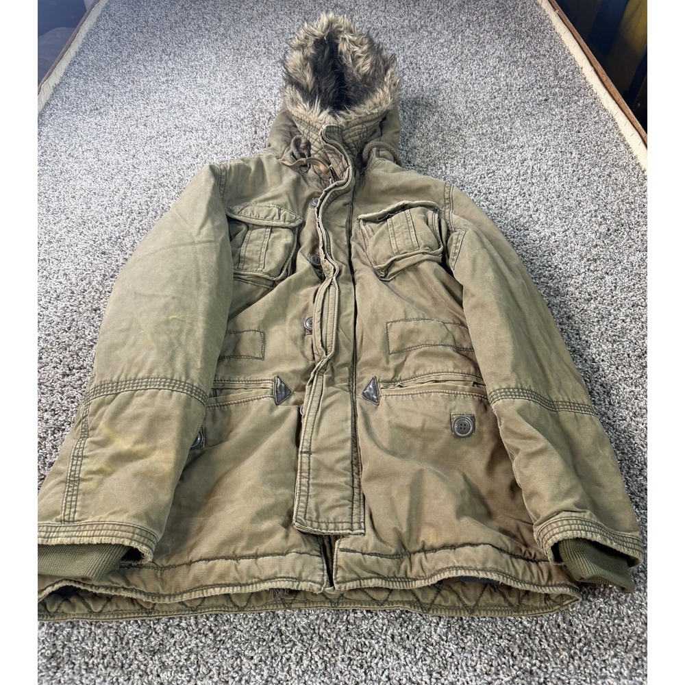Vintage Y2K American Eagle Canvas Jacket Women's Size Medium Green Fur Hood
